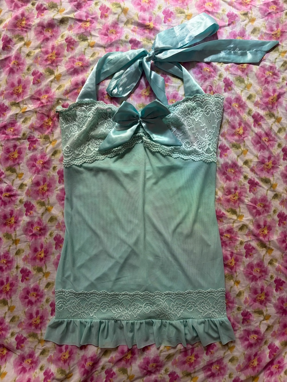 Vintage Dreamgirl women’s babydoll mesh halter lingerie with bow accent 🩵